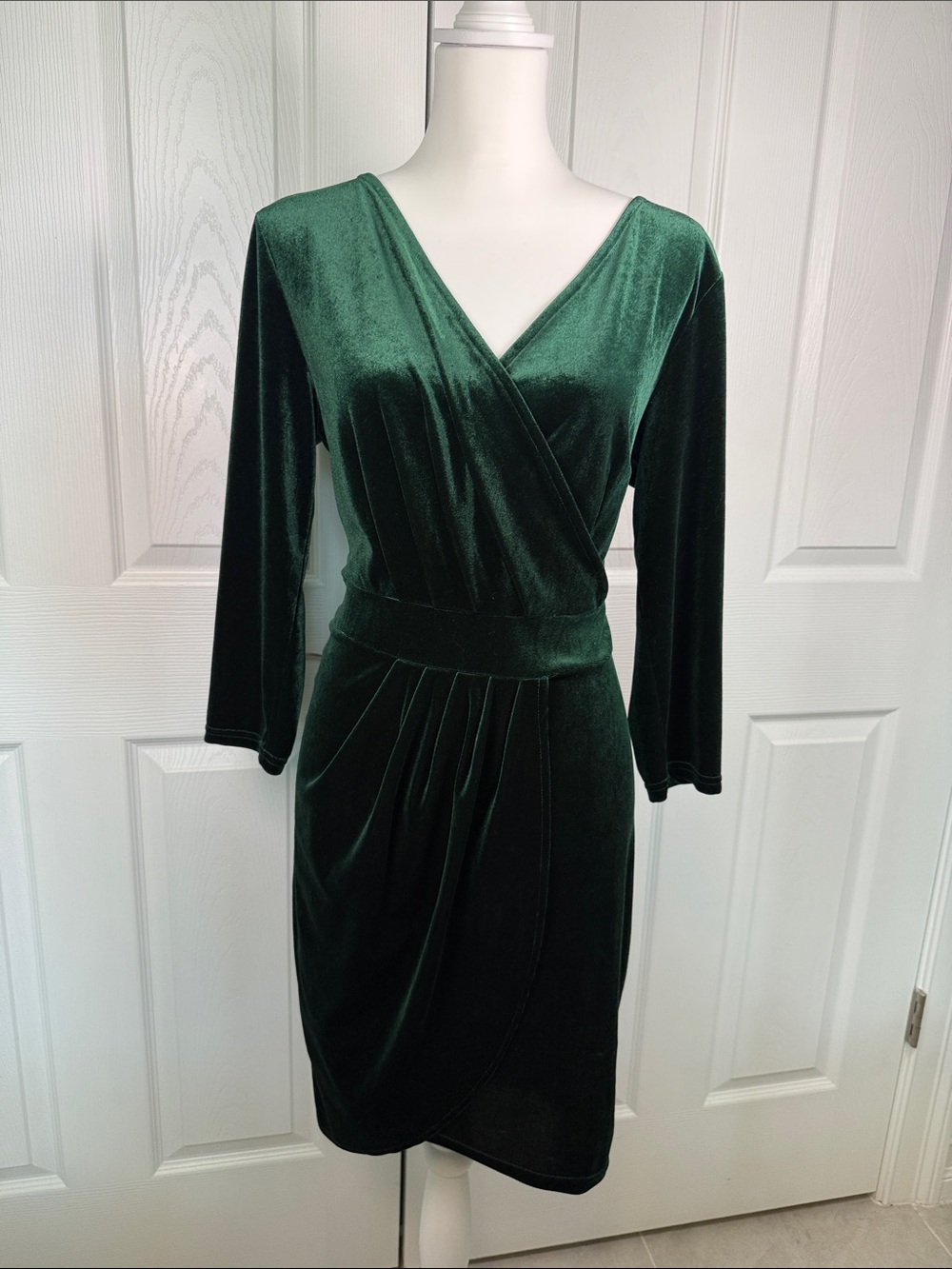 Boho Emerald Green Velvet Faux Wrap Midi Dress V Neck Romantic Goth Cottagecore - Picture 3 of 9
